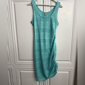 Guess Women’s Size Medium Sleeveless Scoop Neck Lace Overlay Ruched Blue Dress